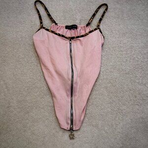 Pink Corset Style Top with Zipper & Leopard Print Straps